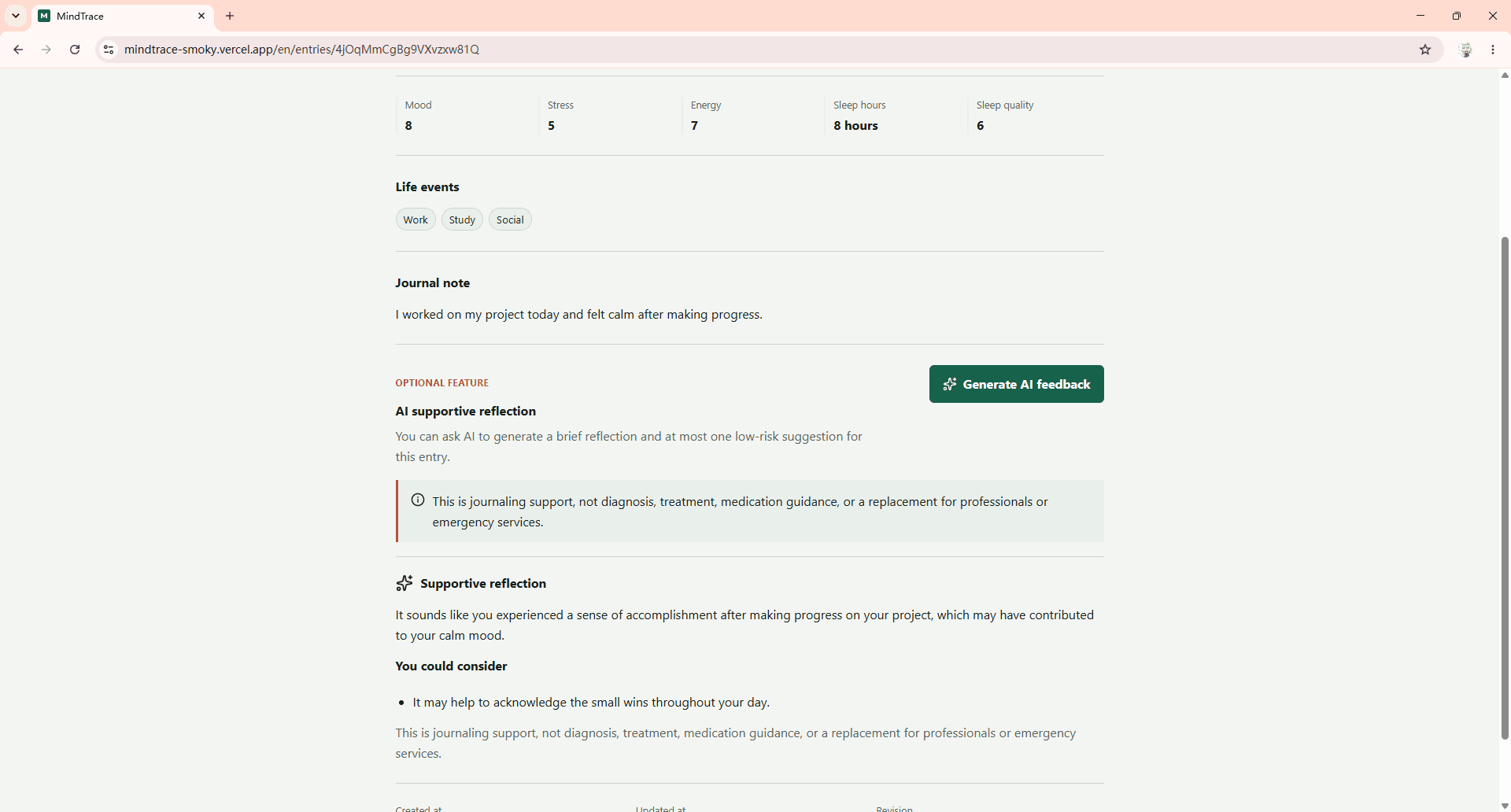 MindTrace AI reflection result preview