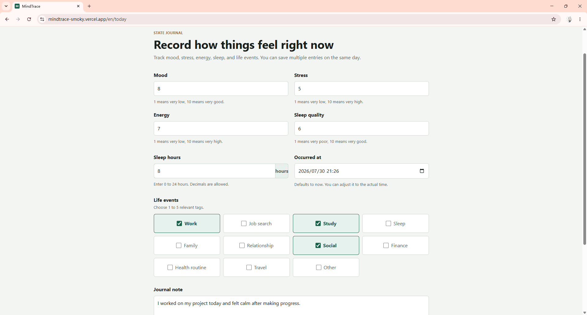 MindTrace daily journaling form preview